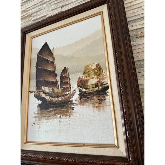 Vintage P. Wong Chinese Junk Boats Oil Painting On Canvas Authentic 17
